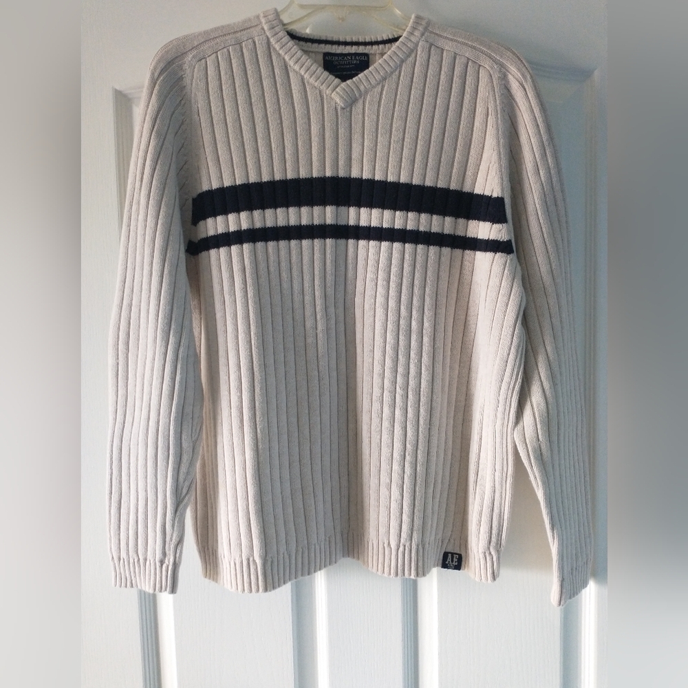 American Eagle Ribbed Sweater Cream/Navy Men's Large